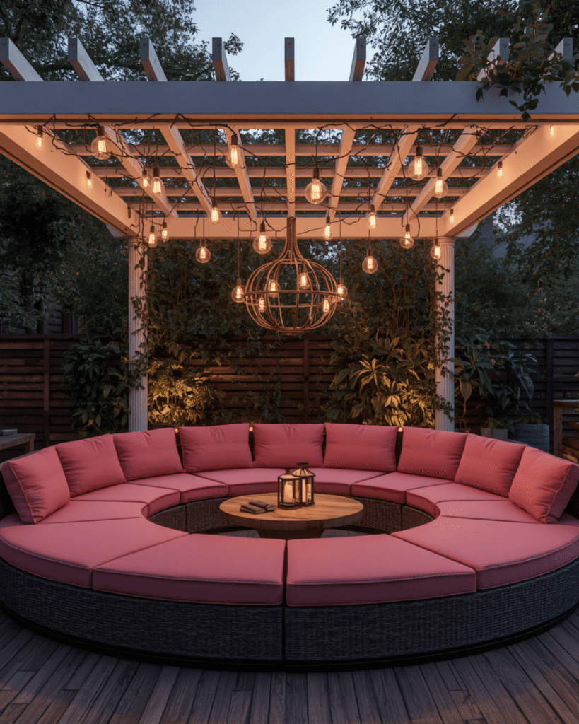 3.Dreamy Pink Pergola Seating Ideas for a Cozy Backyard Retreat