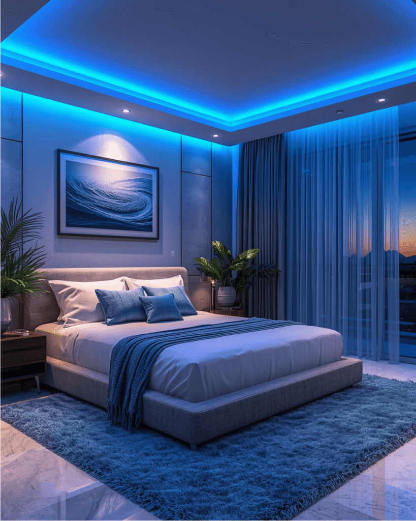 5. Minimalist Bedroom Design with Calming Blue Lighting