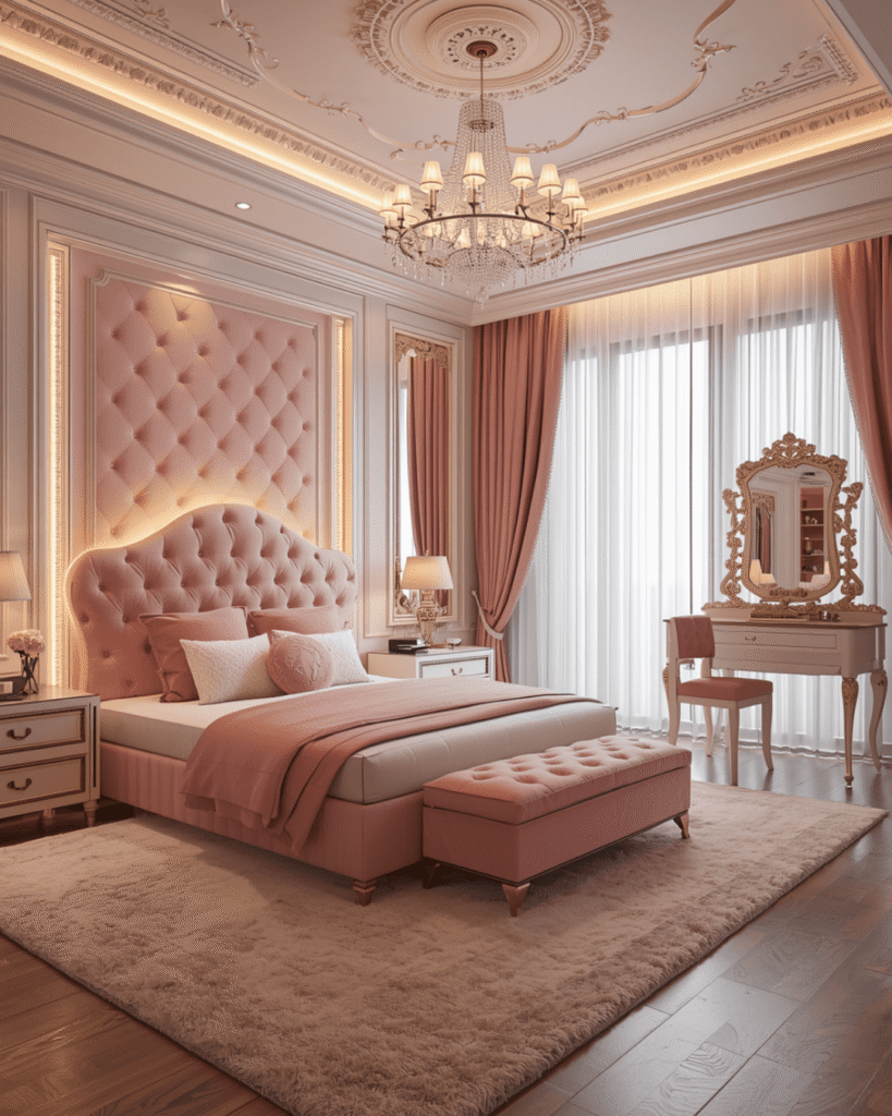 4. Elegant Pink Bedroom Inspiration with Glam Decor
