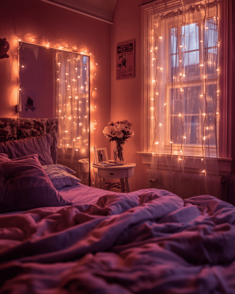 Cozy Pink Bedroom Aesthetic Ideas With Fairy Lights For Small Rooms
