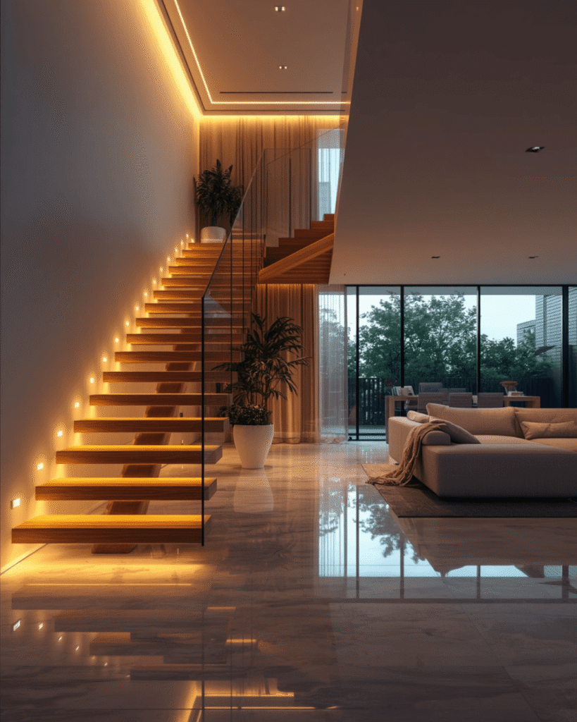 10. Luxury Open Concept Living Room with Floating Stairs