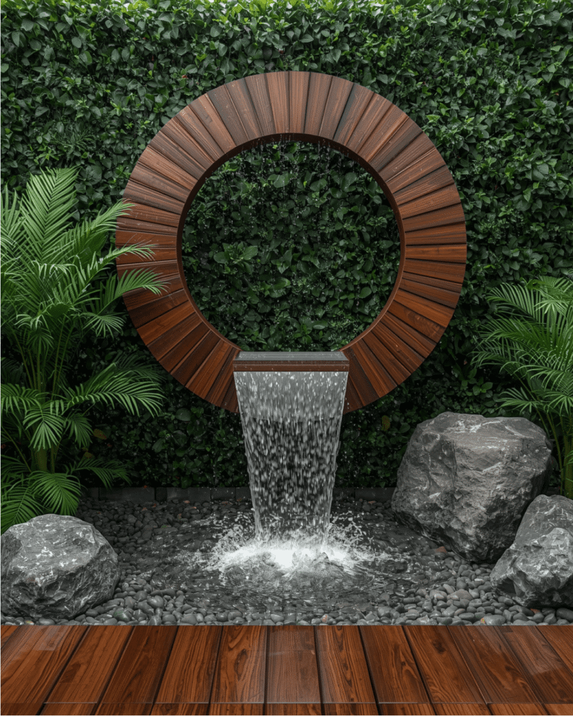 1. Modern Wooden Waterfall Garden Feature for a Peaceful Backyard Retreat