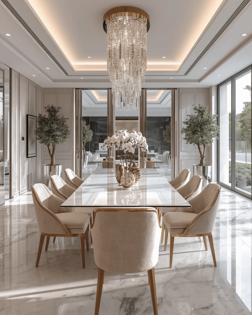 2. Modern Glam Dining Room Design with Crystal Chandelier