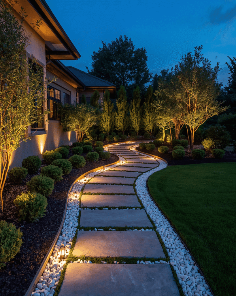 10. Luxury Garden Walkway Border Ideas with Soft Ambient Lighting
