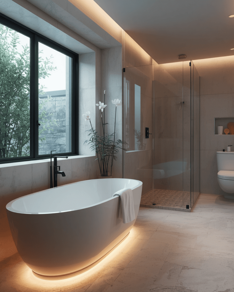 7. Contemporary White Bathroom Interior with Hidden Lighting