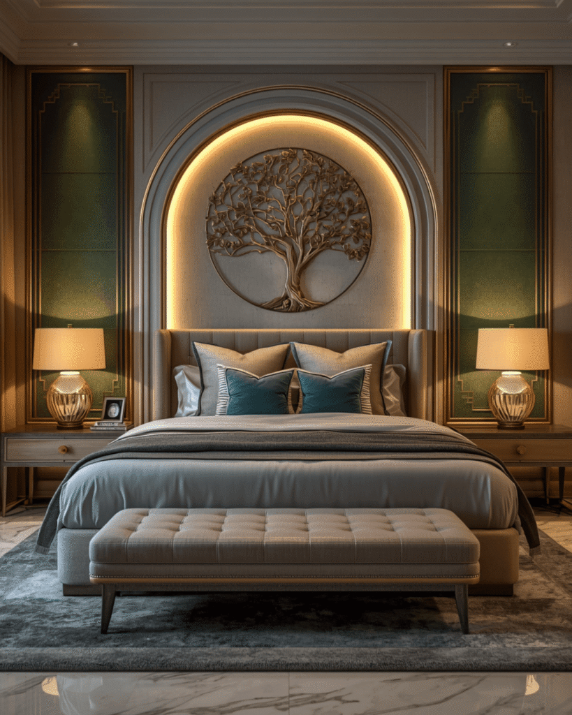 6.Minimalist Luxury Bedroom with Artistic Wall Features