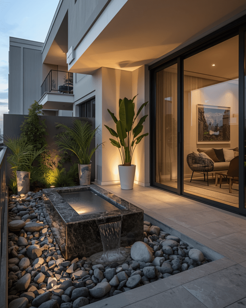 3. Small Balcony Landscaping Ideas with Modern Water Fountain