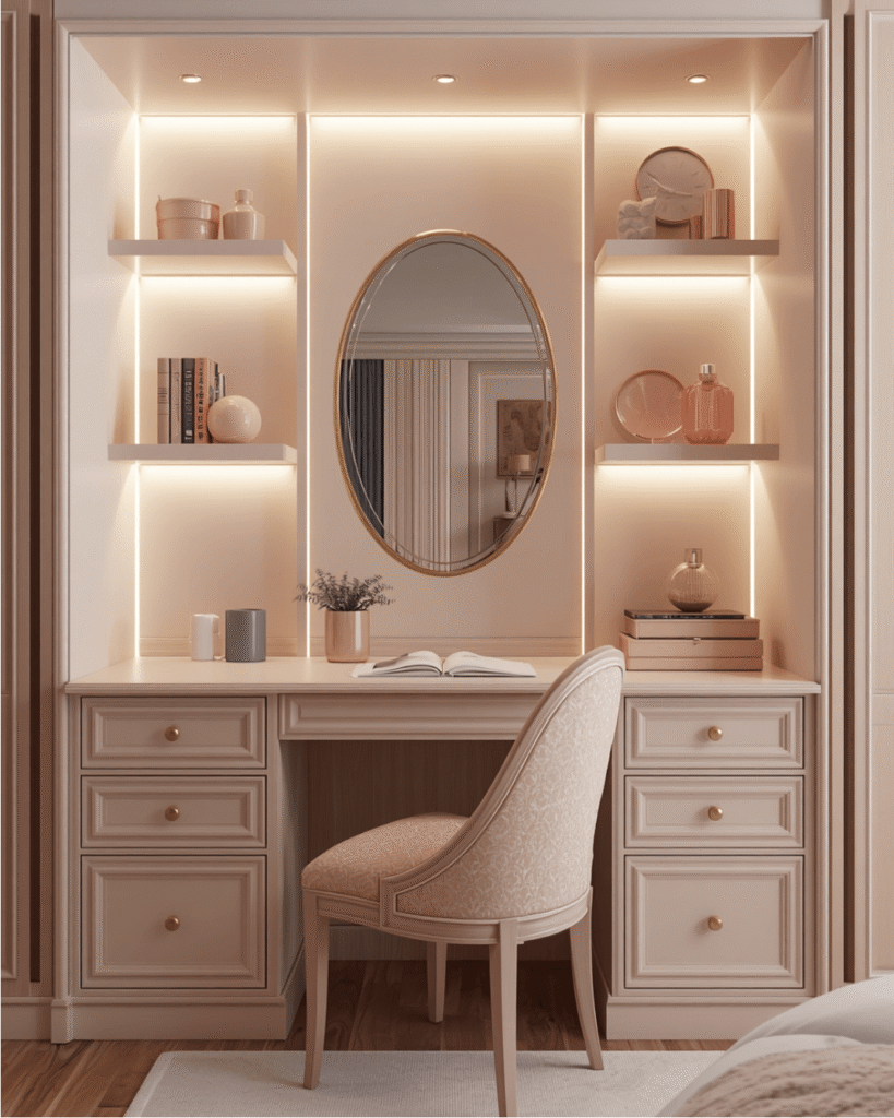6. Small Bedroom Vanity Ideas with Floating Shelves