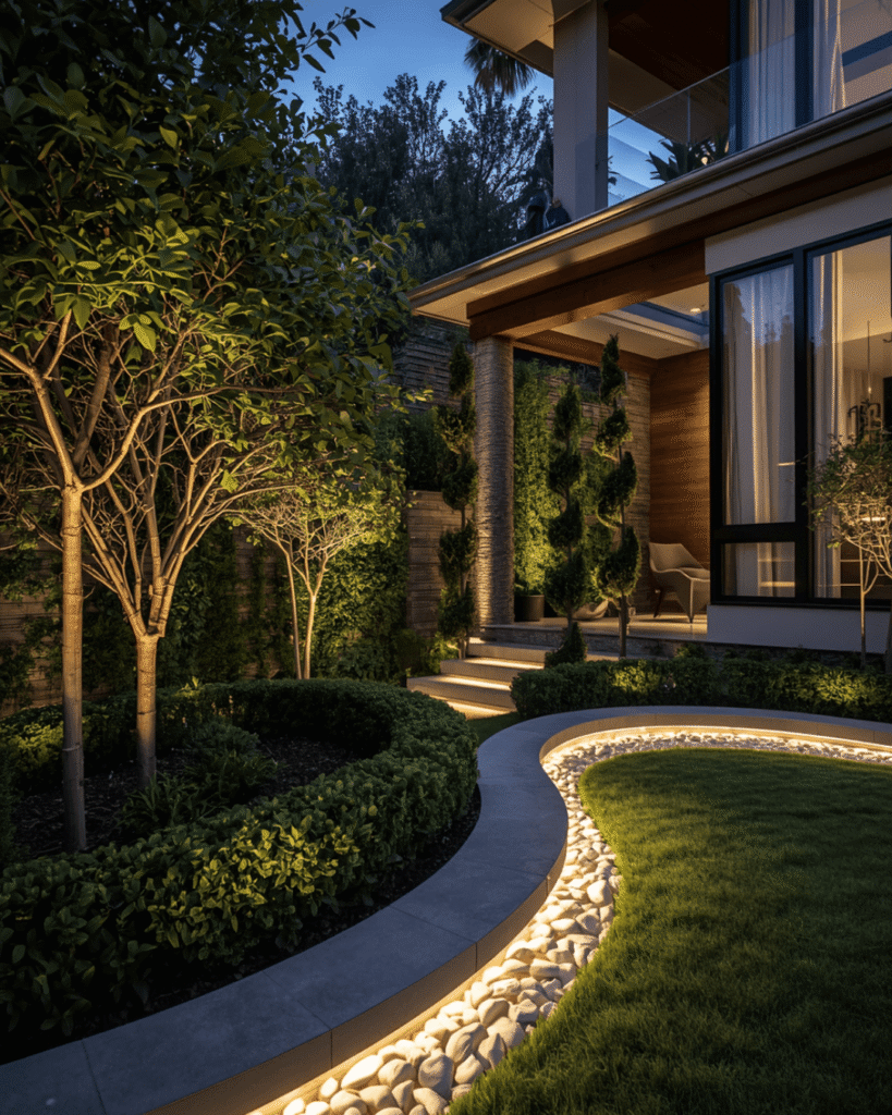 4. Minimalist Outdoor Garden Design with Warm Lighting