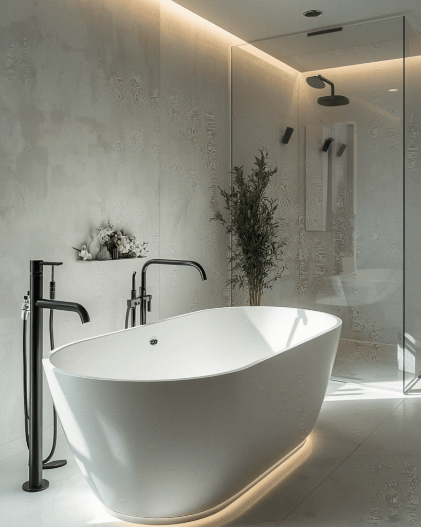 9. Luxury White Bathroom Decor with Modern Bathtub