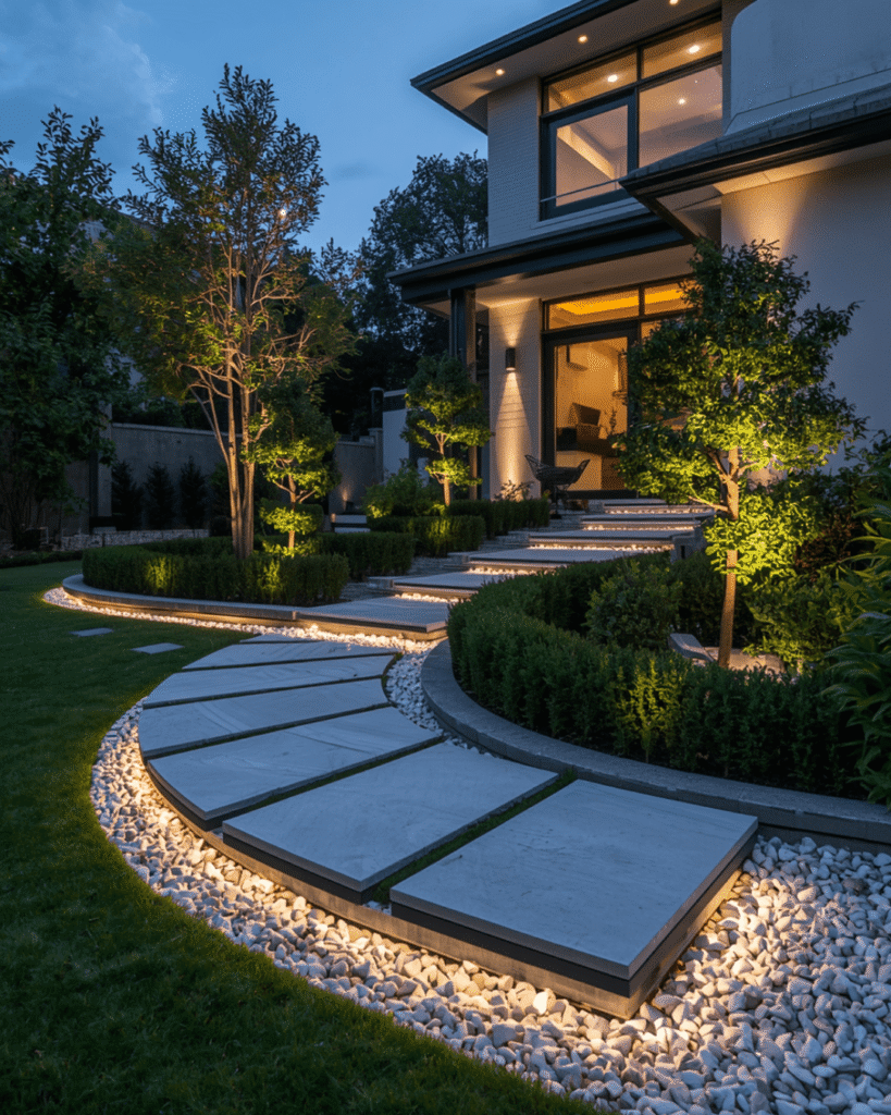2. Curved LED Garden Pathway Design for Elegant