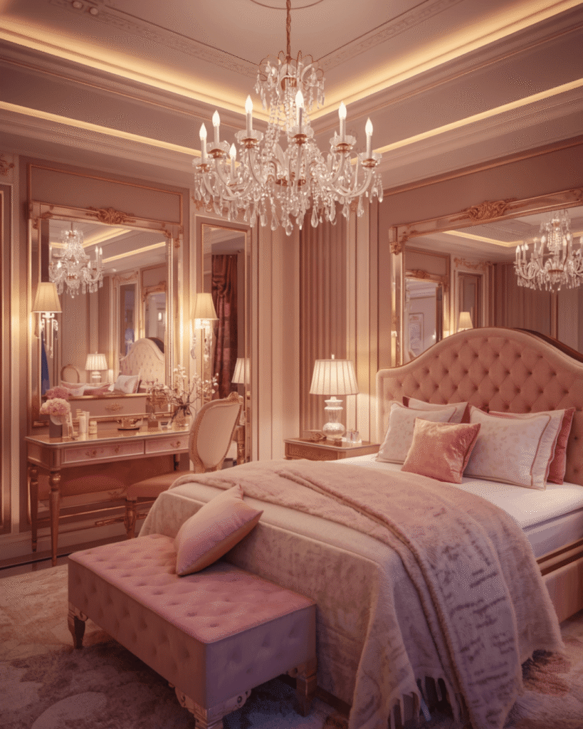 5. Luxury Girls Bedroom with Chandelier and Swing Chair
