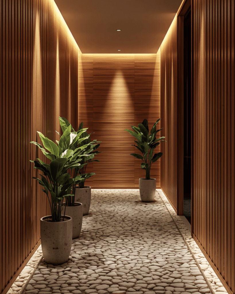 2. Contemporary Corridor Design with Wooden Wall Panels