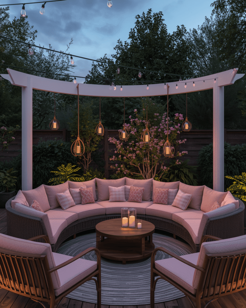 4.Elegant Outdoor Lounge Design with Circular Pink Sofa Seating