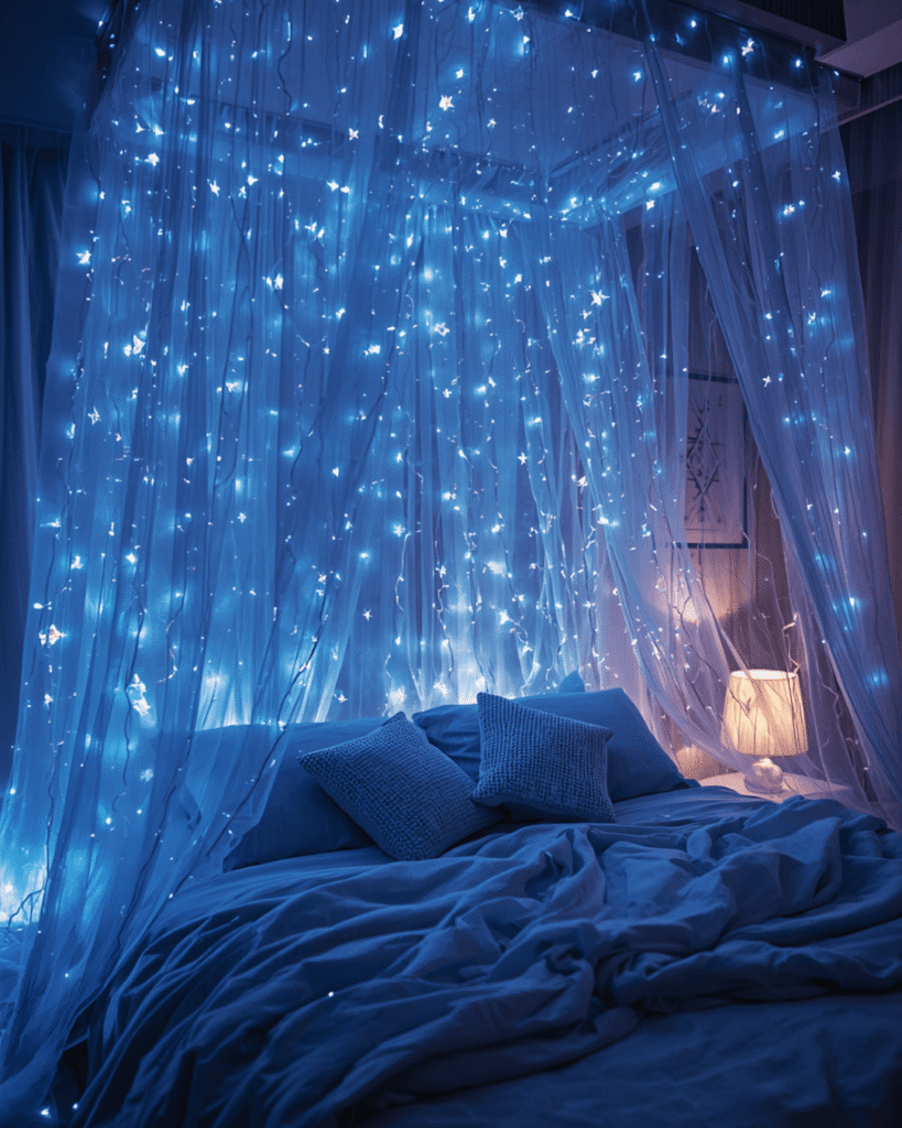 2. Magical Blue Fairy Light Bedroom Inspiration