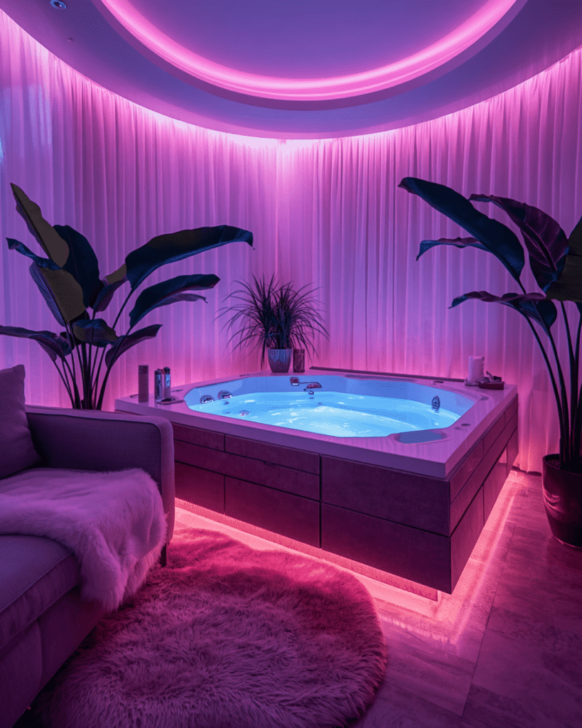 5. Aesthetic Neon Lounge Room with Jacuzzi Setup