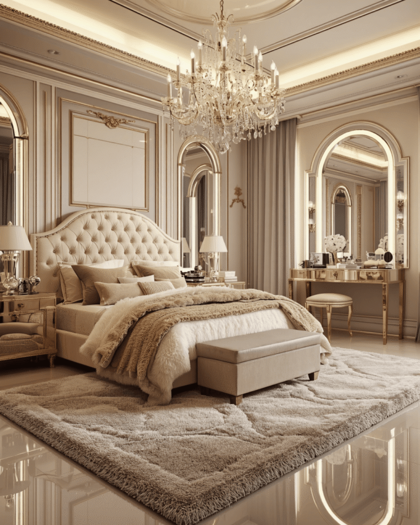 5. High-End Glam Bedroom Ideas with Soft Textures