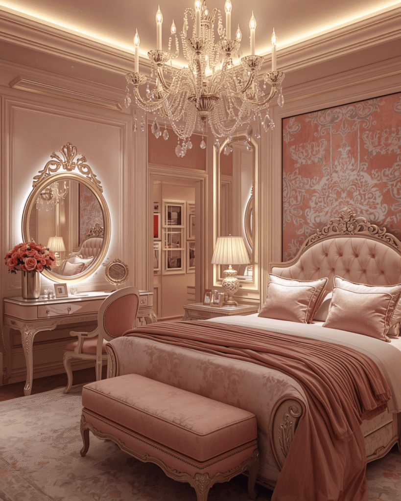 7. Modern Feminine Bedroom Design with LED Lighting