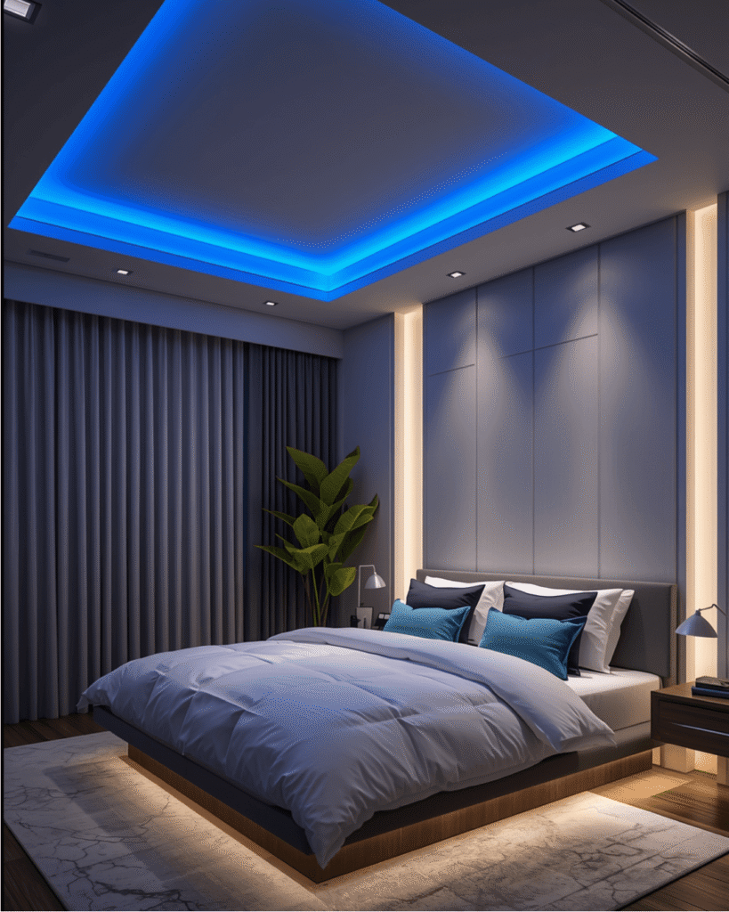 8. Elegant Bedroom Styling with Blue Mood Lighting