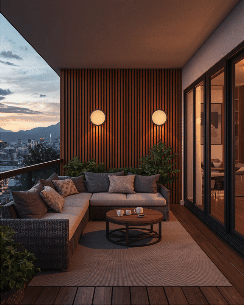Luxury apartment balcony featuring an L-shaped outdoor sofa, warm circular wall lights, wooden slat accent wall, decorative plants, round coffee table, soft area rug, and mountain city views.