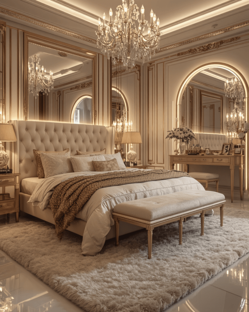 3. Modern Luxury Bedroom with Crystal Chandelier Lighting