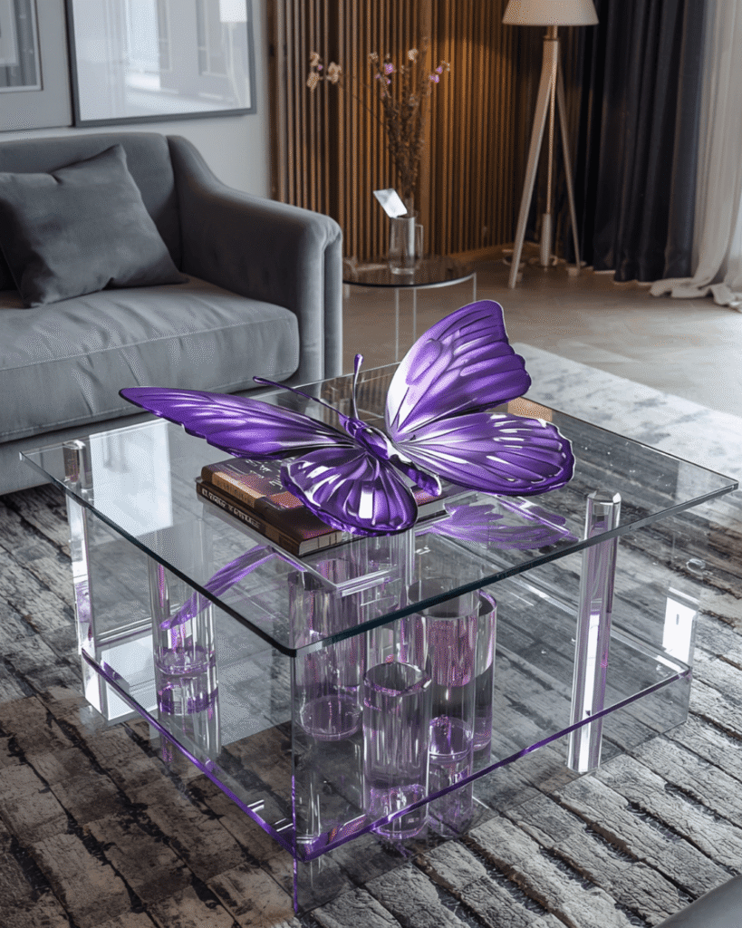 10. Modern Glam Living Room with Butterfly Glass Table