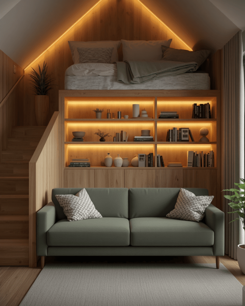 9. Modern Cozy Living Room and Loft Bedroom Combo