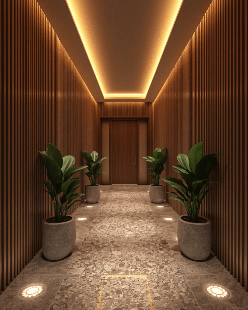 6. Stylish Indoor Walkway Decor with Ambient Lighting