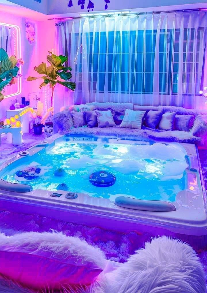 Luxury Indoor Jacuzzi Room Ideas with Neon LED Lighting