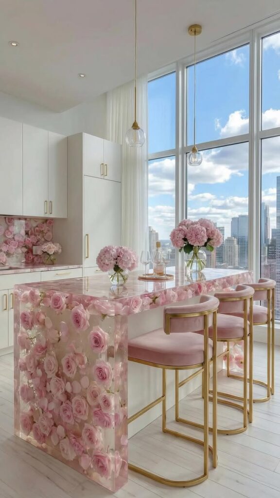 Luxury Pink Floral Resin Kitchen Island Design for Modern Elegant Homes
