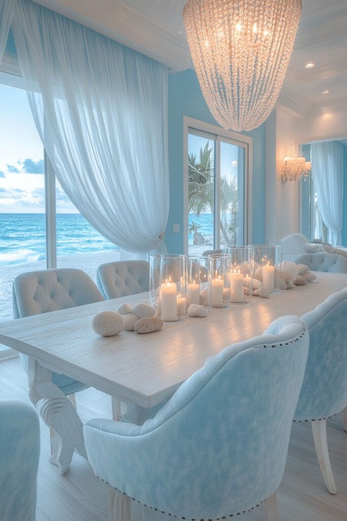 Luxury Coastal Dining Room Design With Ocean View And Crystal Chandelier