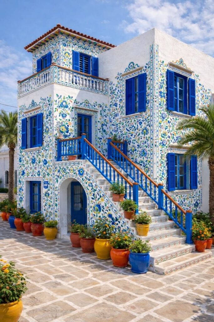 Beautiful Mediterranean Floral Tile House with Blue Shutters