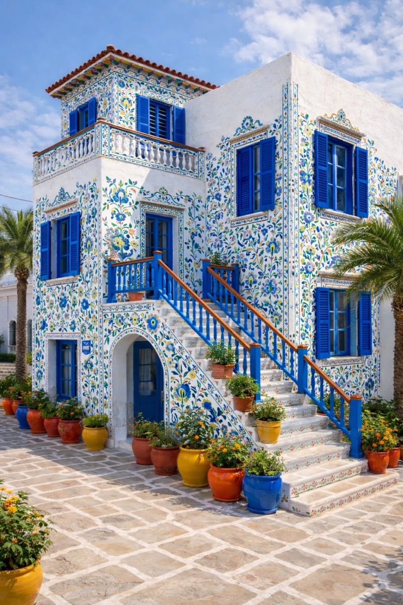 Beautiful Mediterranean Floral Tile House with Blue Shutters