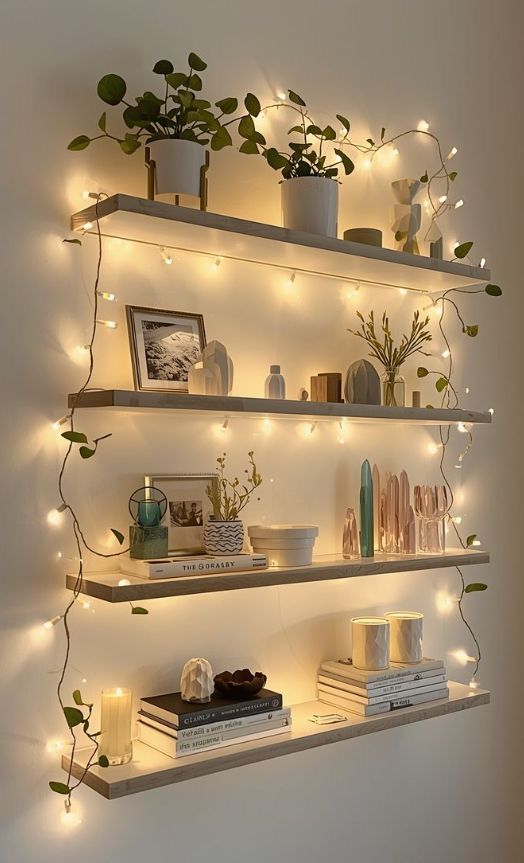 Best Floating Shelf Decor Ideas with Fairy Lights and Indoor Plants