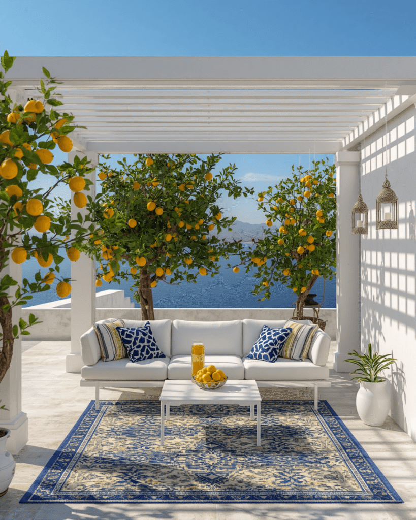 4. White Pergola Patio Ideas With Mediterranean Coastal Charm