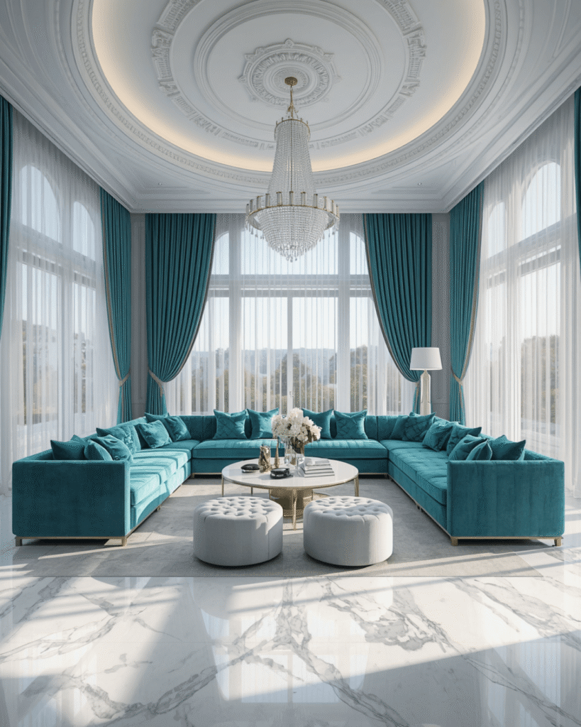 9. Sophisticated White and Turquoise Interior Design