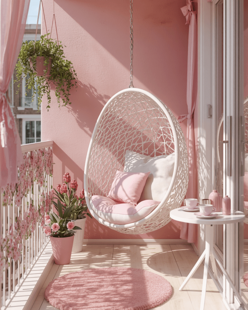 2. Feminine Balcony Design Ideas With Hanging Egg Chair
