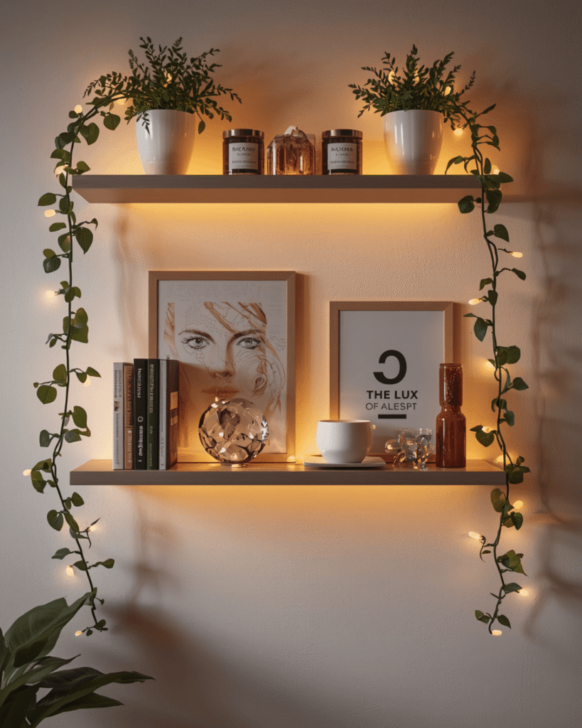 1. Floating Shelf Decor Ideas with Fairy Lights