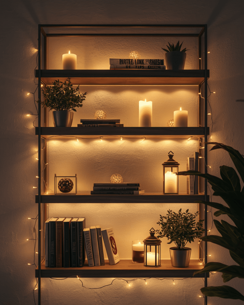 5. Warm Fairy Light Shelf Decor