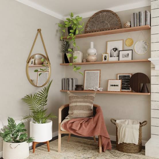 Cozy reading corner with floating shelves, indoor plants