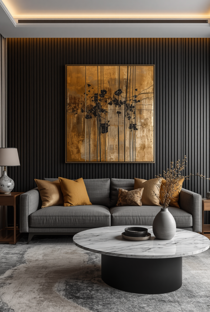   1.Luxury Living Room Ideas with Black Walls and Gold Accents