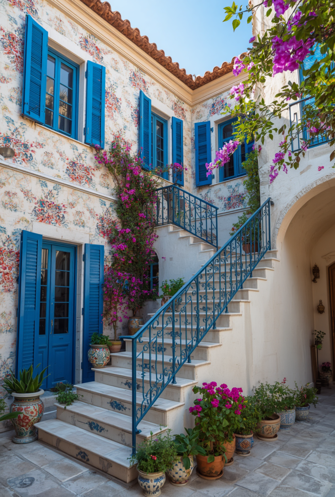 2. Floral Pattern Wall Ideas for Outdoor Courtyard